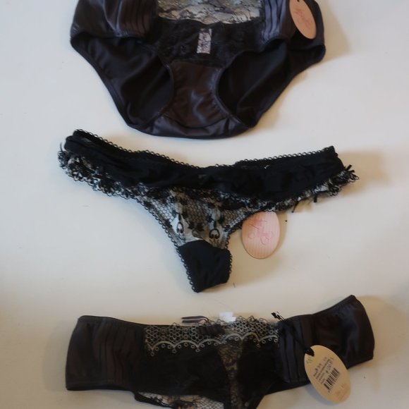 NWT WOMENS 3PC LITTLE MINX BLACK/GRAY LACE TRIM THONG/PANTIES SZ L - Picture 2 of 6
